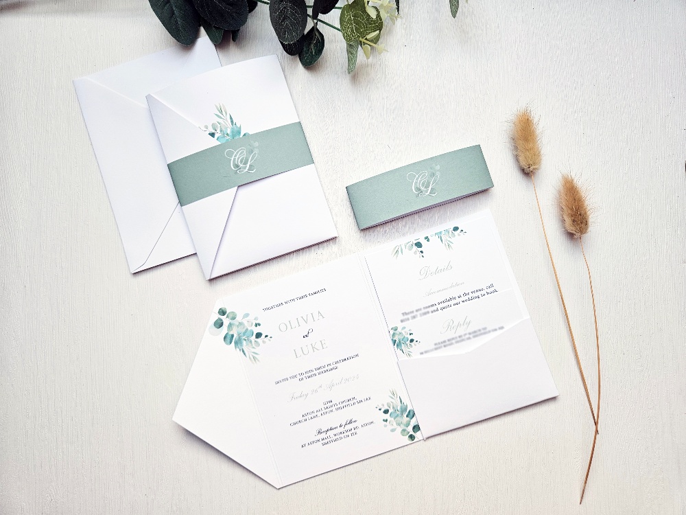 Sage & Eucalyptus wedding pocketfold invitations