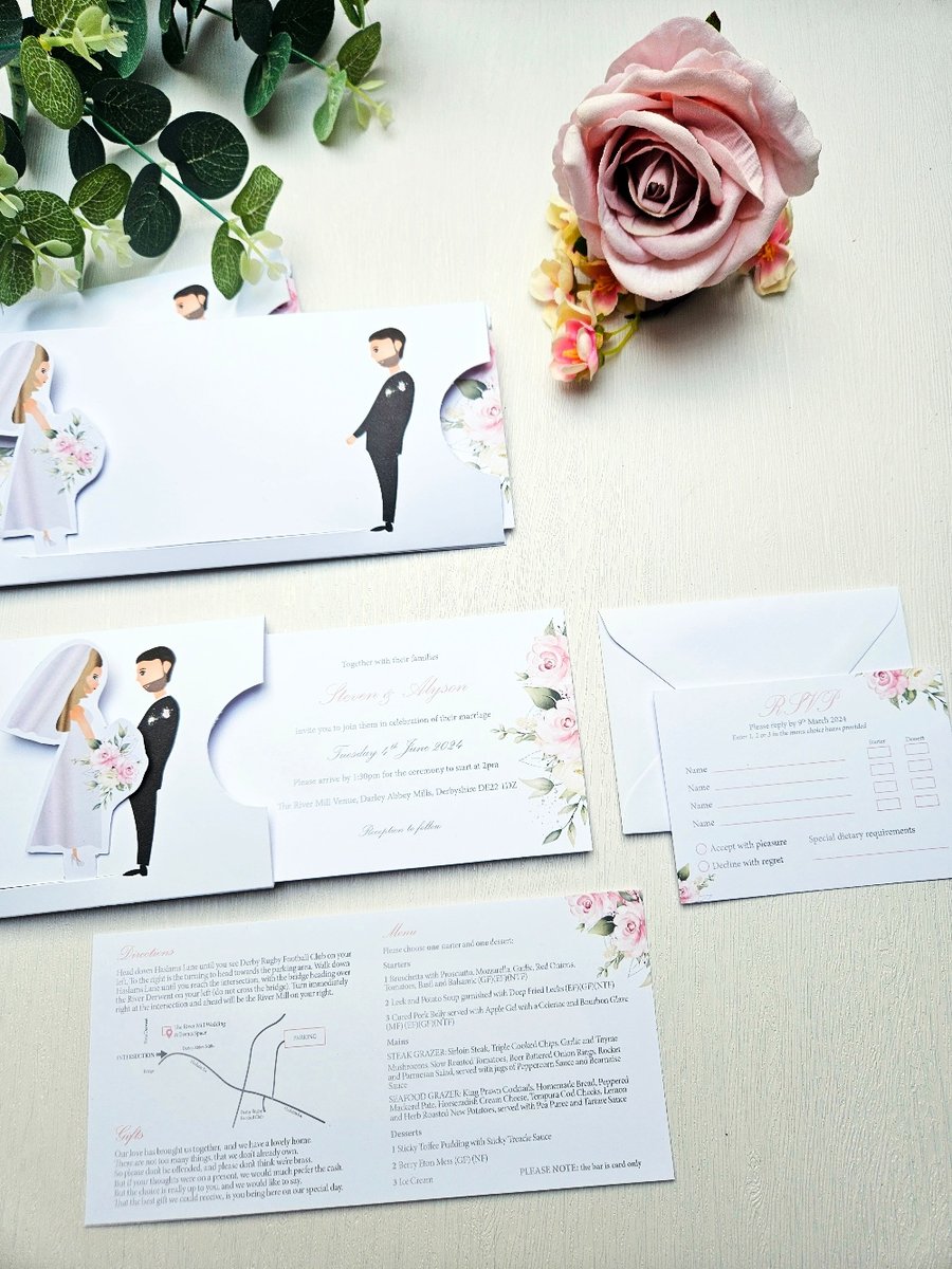 Pink floral slider wedding invitations