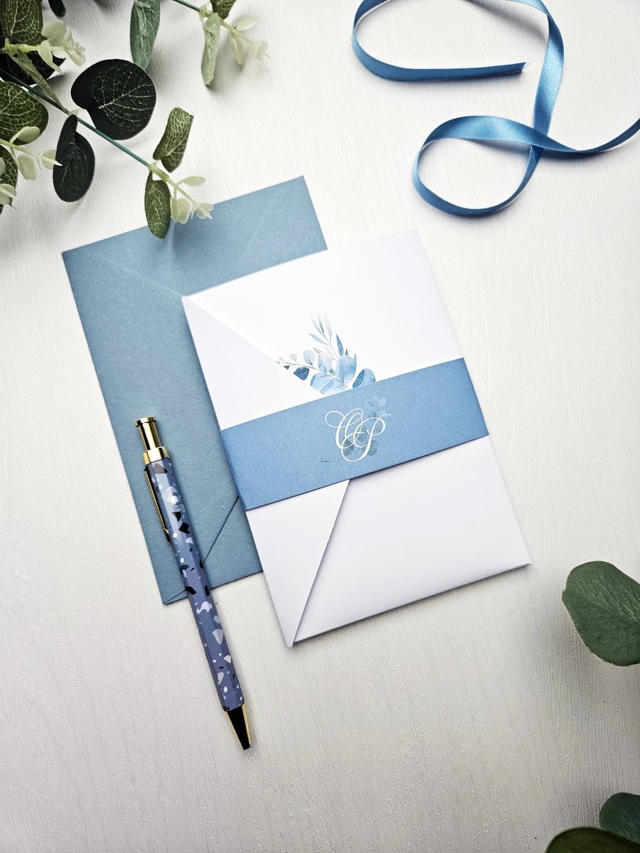 Dusty blue and eucalyptus pocketfold invitation